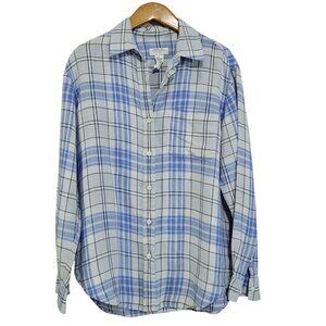Jones NY Sport Linen Top Womens Medium Blue Plaid Button Up Classic